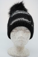 Mütze mit Coloreinsatz doppeltgestrickt mit Kunstfellbommel Schwarz-Grau