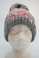 Mütze mit Coloreinsatz doppeltgestrickt mit Kunstfellbommel Strass Grau-Rosa