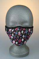 Mund- und Nasenmaske, schwarz mit blau, pinken Blumenmuster