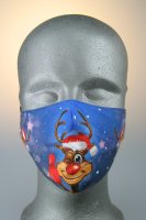 Maske mit Weihnachtsmotiv, Rentier Rudolf, blau